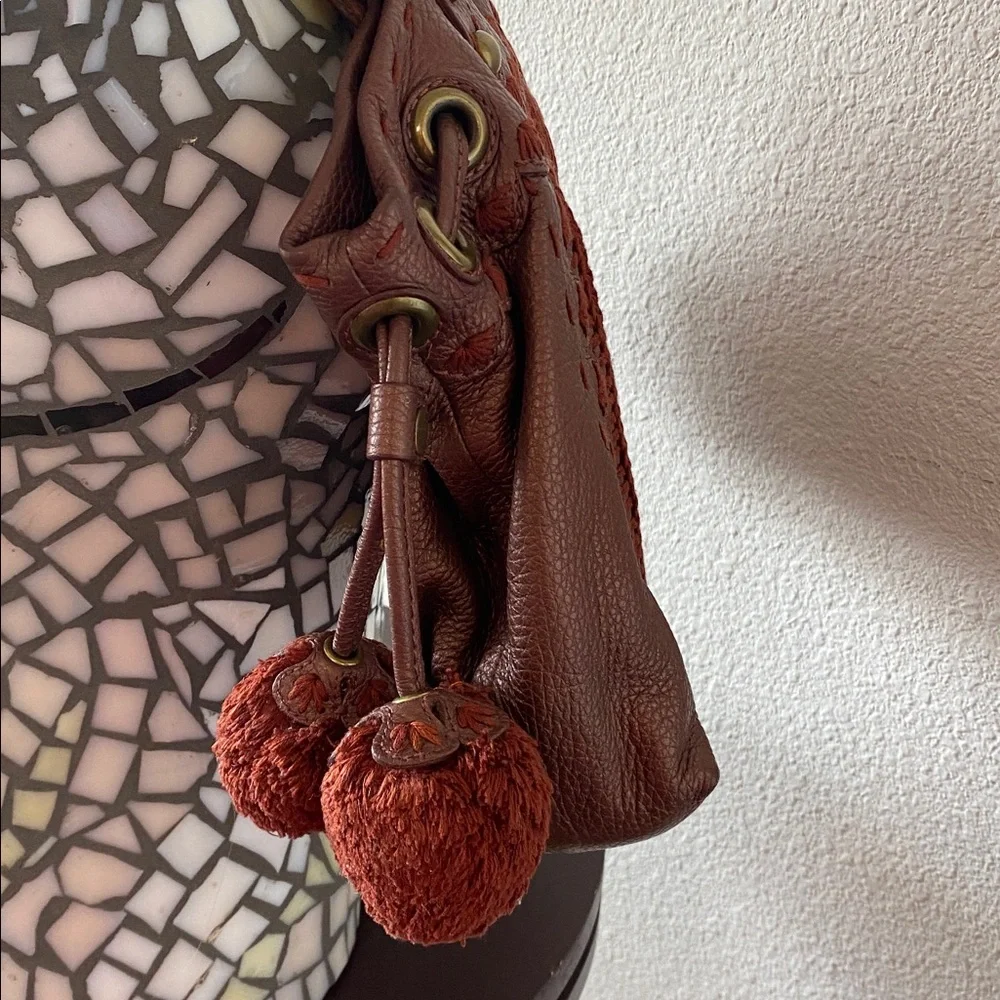 Isabella Fiori Large Shimmery Rust Leather/Knit Pom Tassel Satchel/Hobo Bag - Picture 9 of 11